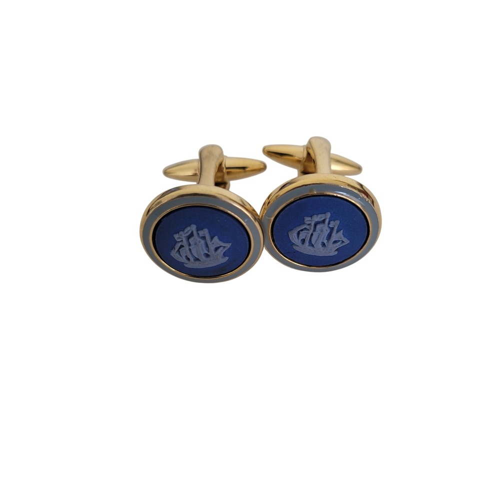 Wedgwood Blue Jasperware Galleon Ship Cufflinks Gold Tone Made in England Round
